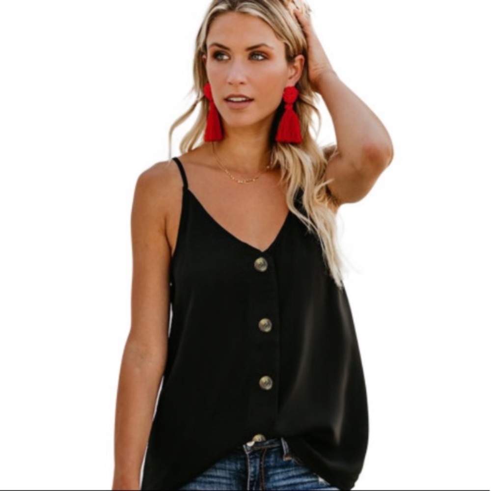 New Black Spaghetti Strap Buttoned Top